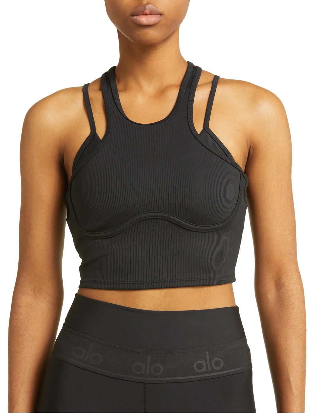 Alo Yoga Airlift Enchanted Black Ribbed Strappy Sports Bralette